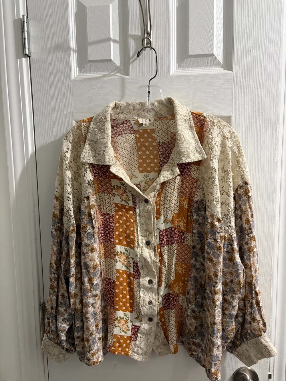 POL Patchwork Floral Button-Down Shirt - Cream & Mustard